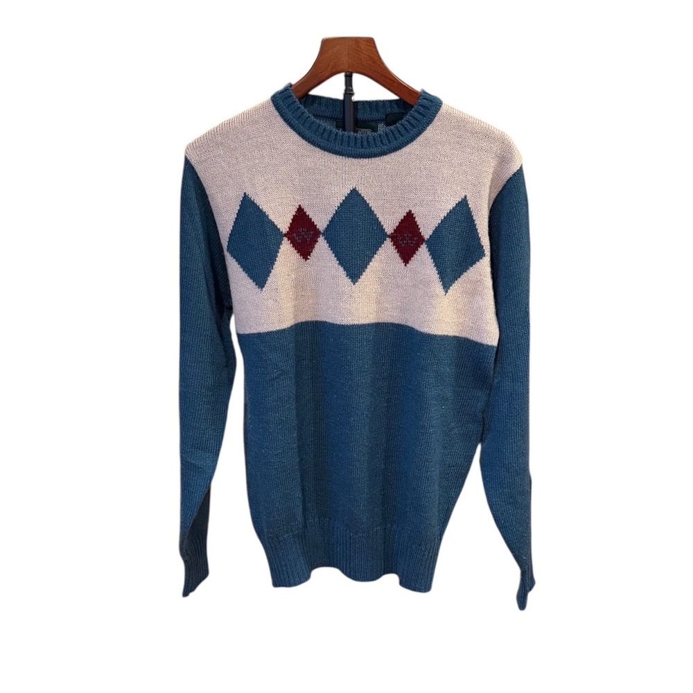 Vtg 80s Boundary Waters Mens Argyle Crewneck Sweater Teal Blue Tan Burgundy Sz M